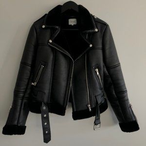 Black Aviator Faux Leather Jacket with Fur Lining